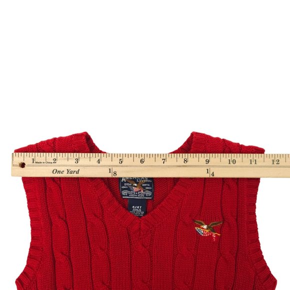 American Living Cable Knit Sweater Vest Boys 4/4T V Neck Pullover Red Eagle Flag - Picture 4 of 11